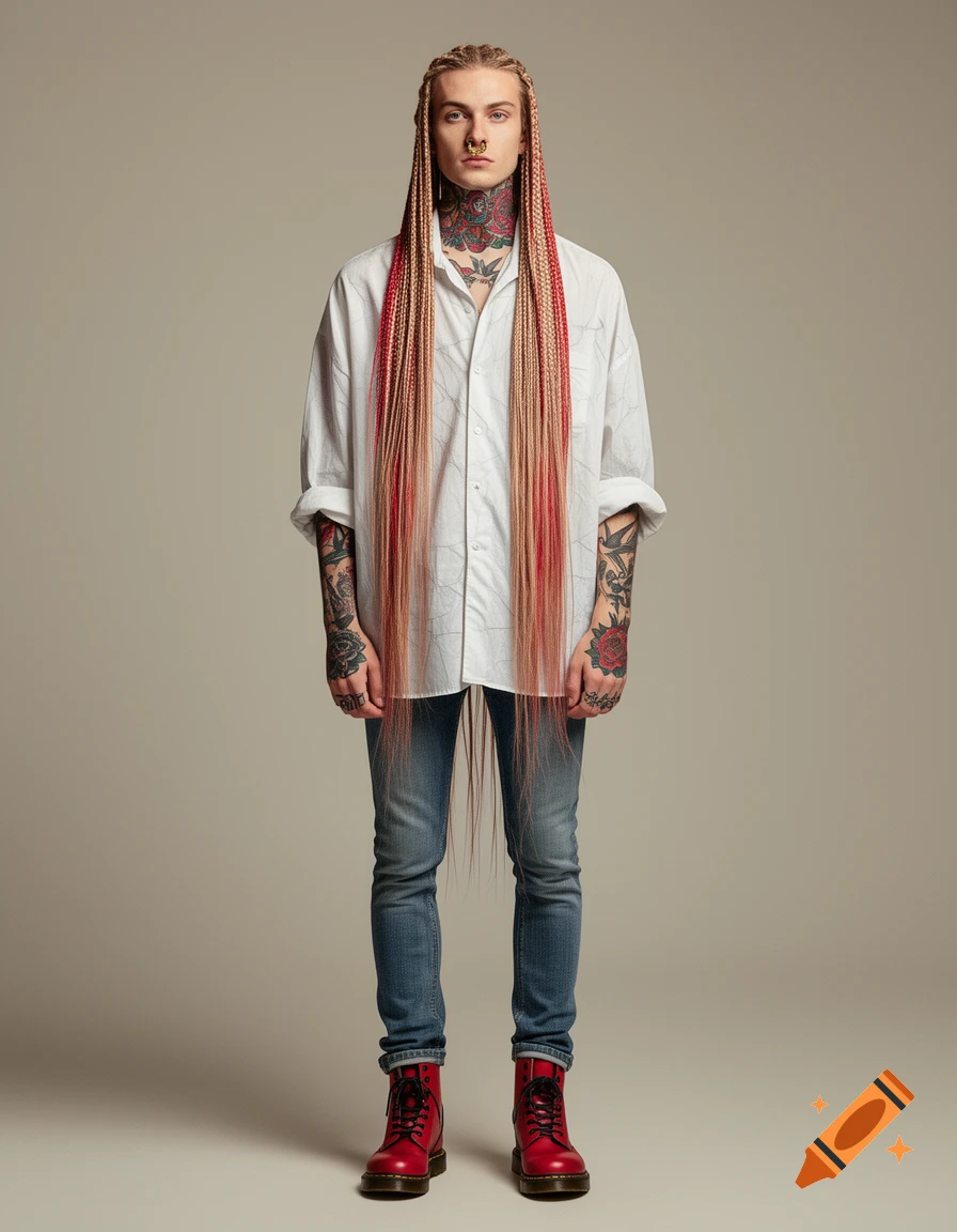 A person with long red-blonde braids, a septum piercing, and colorful tattoos, wearing an oversized white shirt, jeans, and red combat boots.