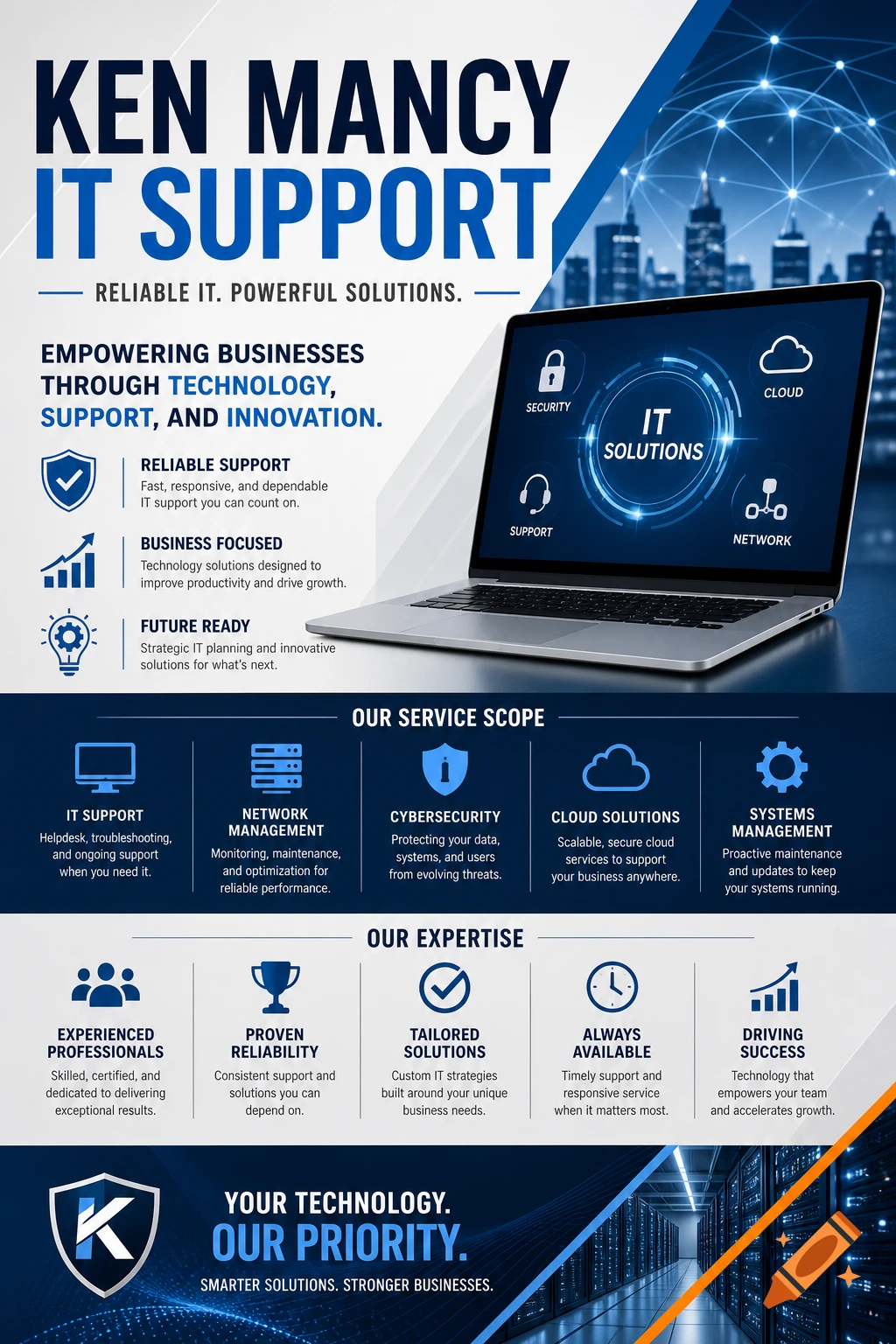 Blue and white infographic for Ken Mancy IT Support, detailing services, expertise, and a laptop with network icons.
