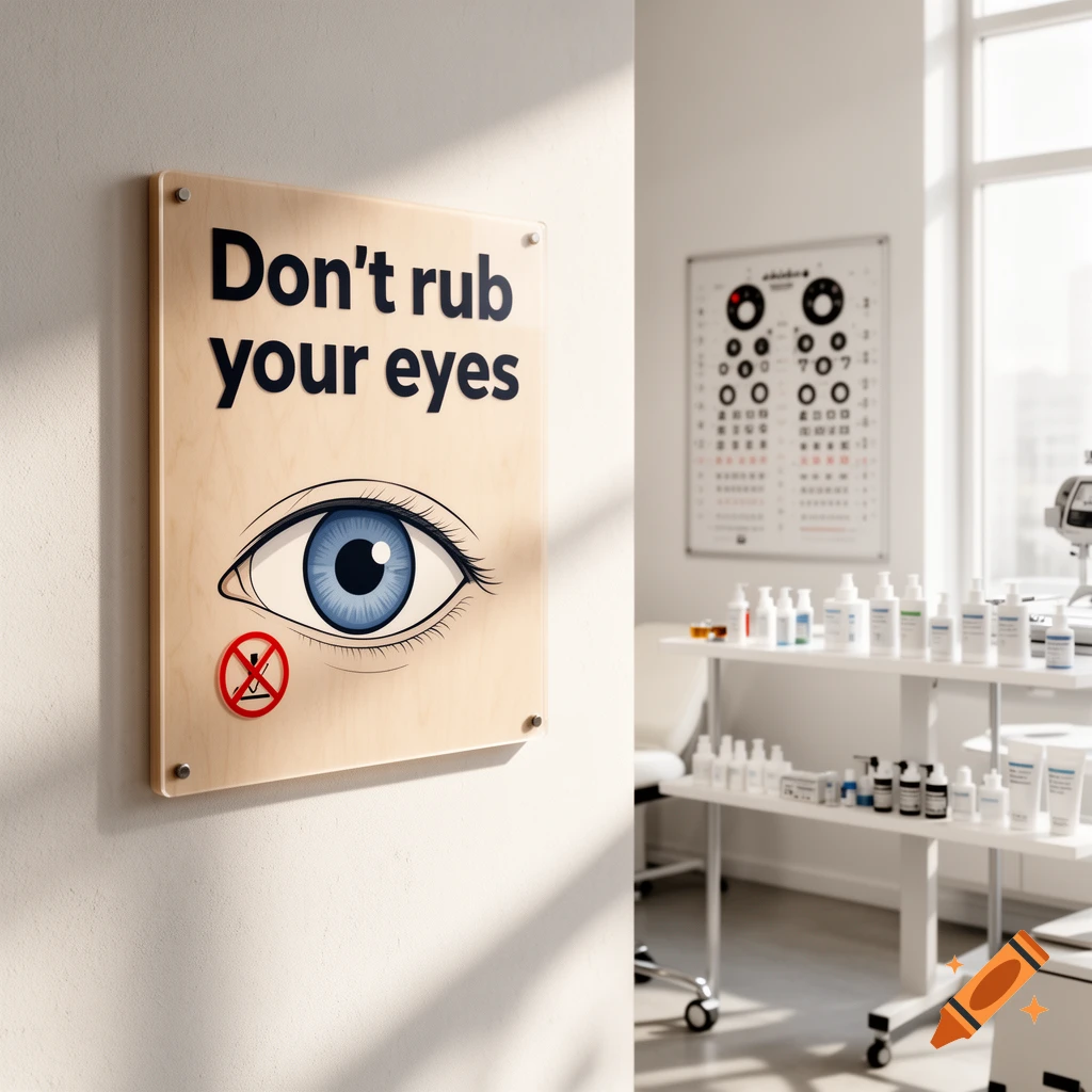 A wooden sign on a wall in a medical office displays 'Don't rub your eyes' above an illustrated eye in a bright, photorealistic style.