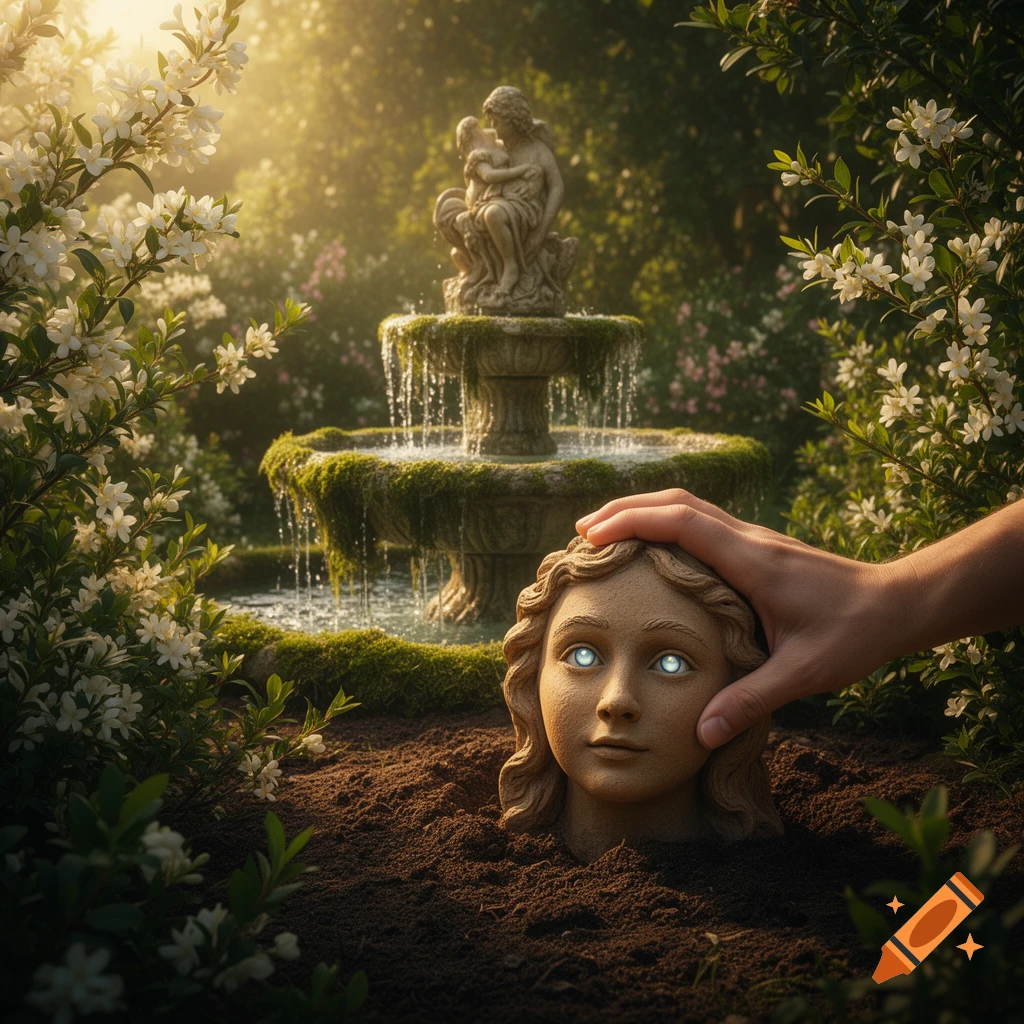 A sculpted head with glowing blue eyes emerges from the earth, touched by a hand, in a sunlit garden with a mossy fountain.