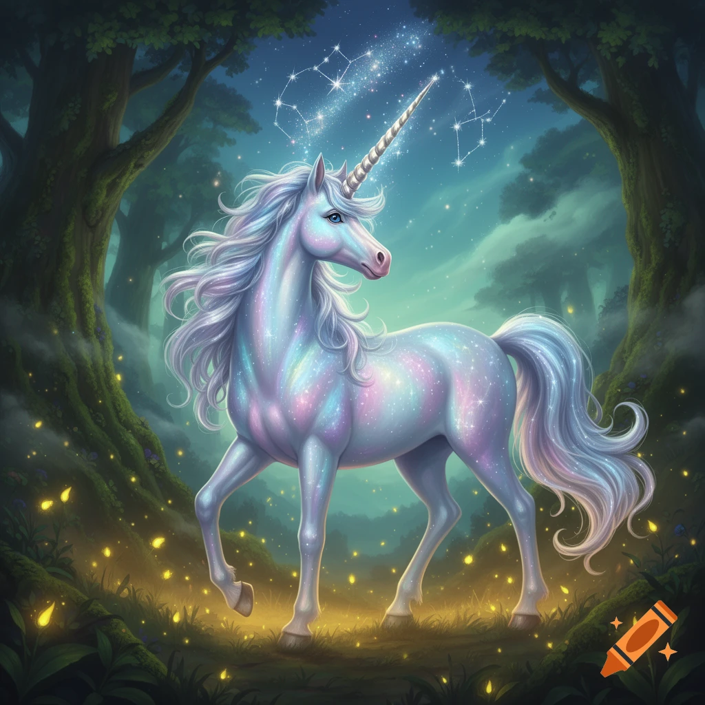 A sparkling unicorn with a rainbow-hued mane and tail stands in a magical forest with glowing plants and star constellations.