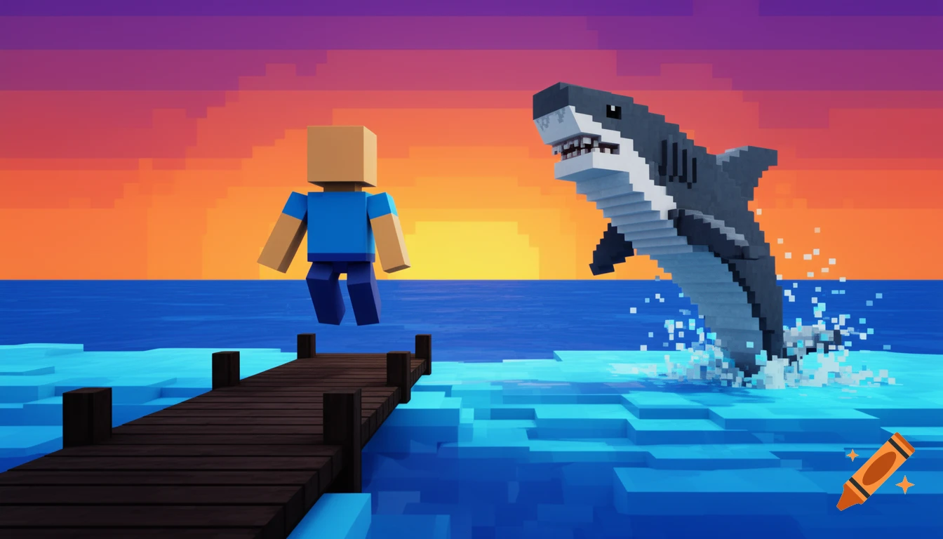 A blocky character floats above a dock while a voxel shark jumps from blue geometric water, set against an orange and purple pixel art sunset.