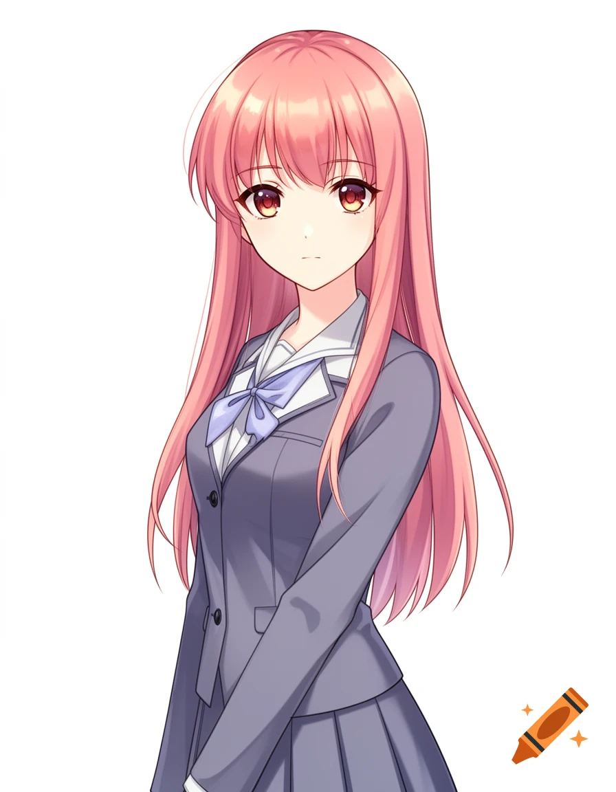 An anime girl with long pink hair and red eyes wearing a grey school uniform with a light blue bow.