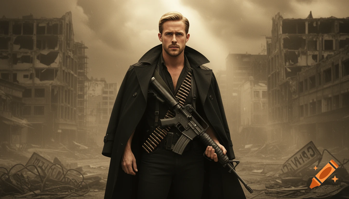 Ryan Gosling with blonde hair, wearing a black trench coat and M16 with ammo, stands in a desolate post-apocalyptic city.