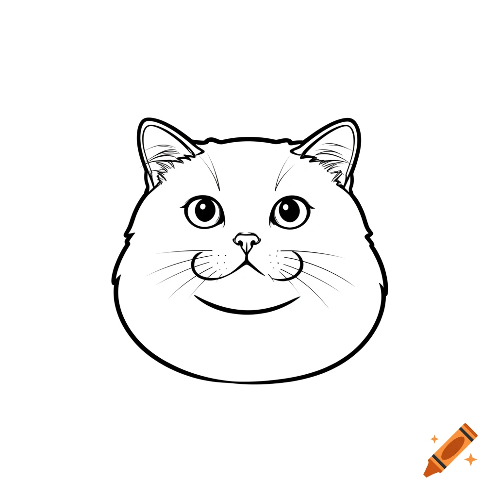 A simple black and white line drawing of a British shorthair cat's head with a slight smile on a white background.
