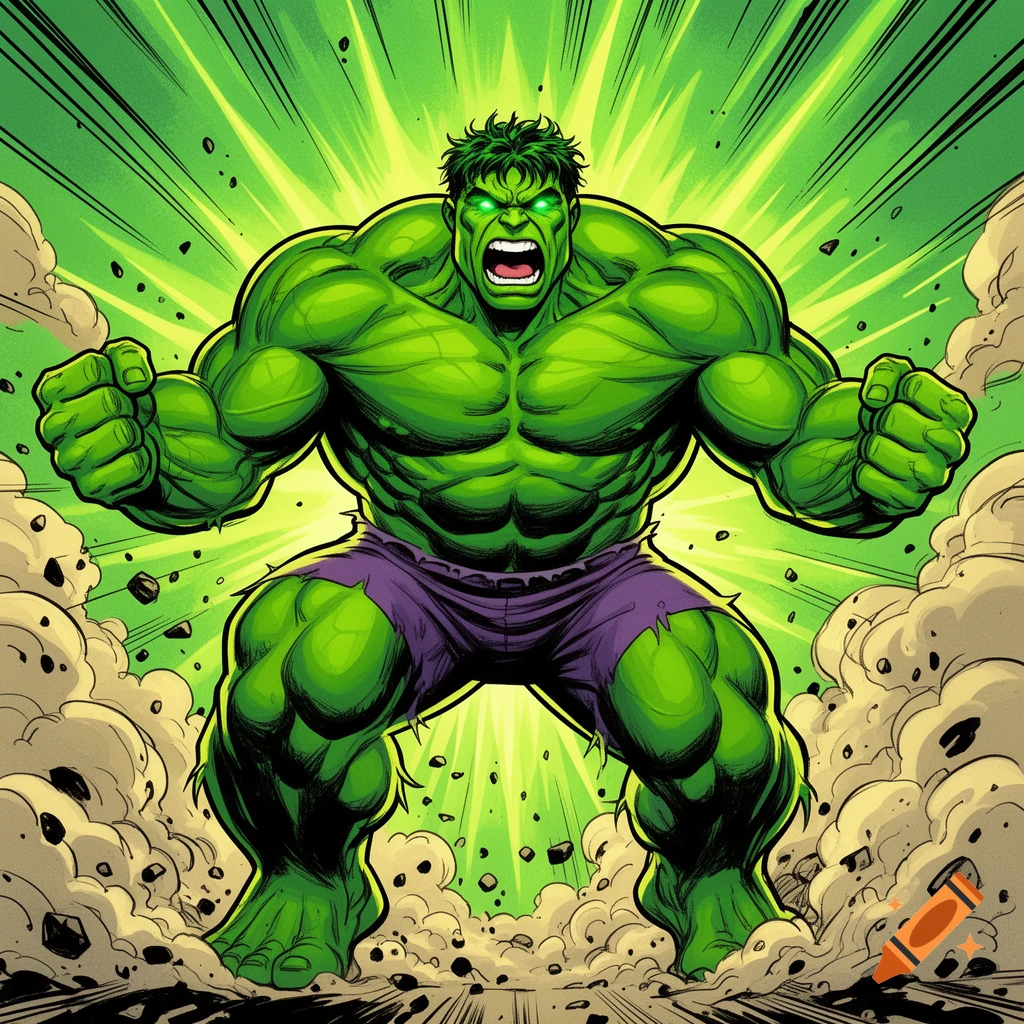 A muscular green Hulk in torn purple shorts roars with clenched fists, surrounded by an explosion of green light and dust in comic book style.