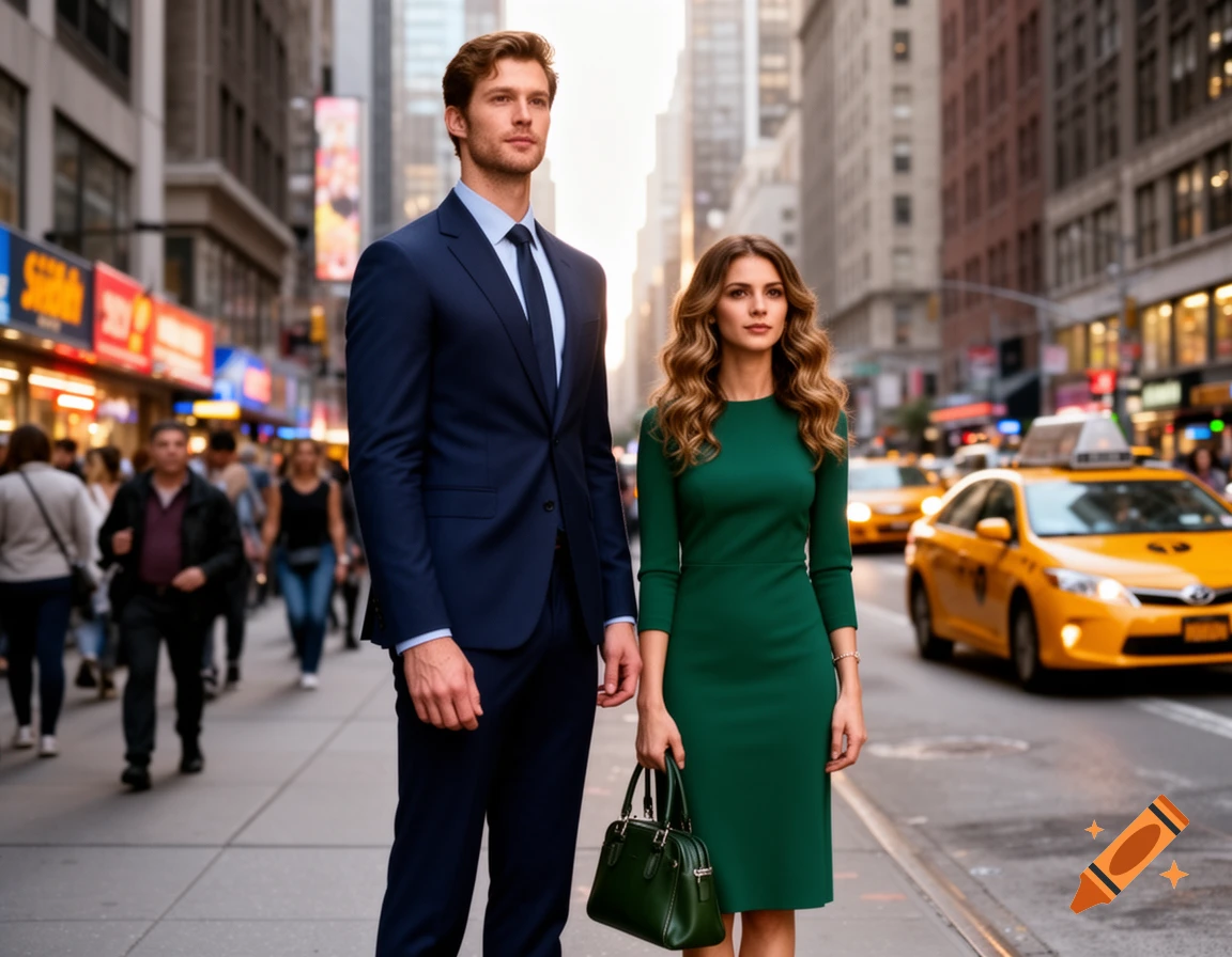 A tall man in a dark suit stands next to a woman in a green dress on a busy city street with yellow taxis.
