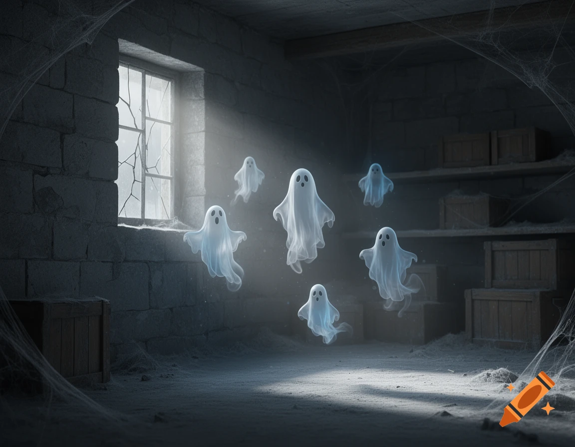 Small, white ghosts with simple faces float in a dark, dusty, web-filled room, illuminated by light from a broken window.