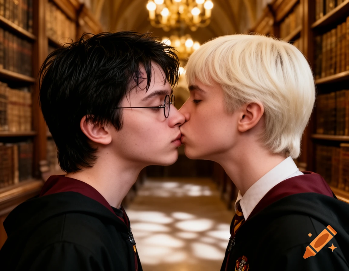 Two young men resembling Harry Potter and Draco Malfoy, wearing Hogwarts robes, share a kiss in a library.