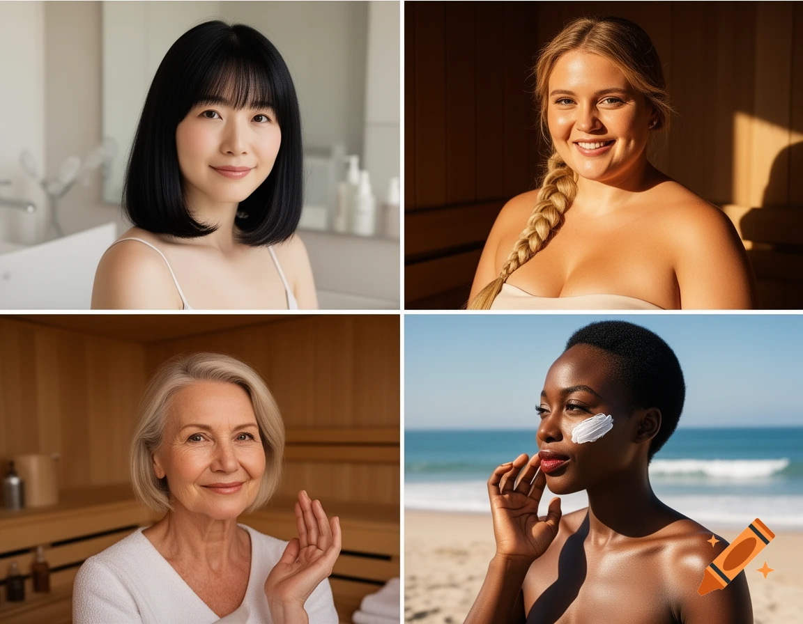 Four women of diverse ethnicities and ages in a lifestyle photo series. Scenes include a minimalist bathroom, a sauna, and a sunny beach.