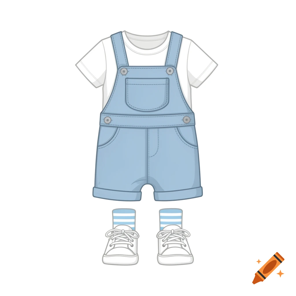 A vector illustration of a baby boy's spring outfit: a white t-shirt, light blue denim overalls, white sneakers, and striped socks, on a white background.