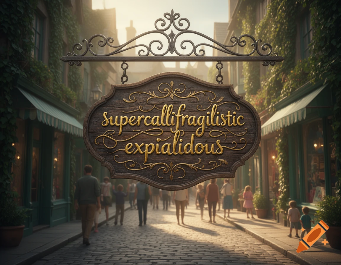 A wooden sign with "supercallifragilistic expialidous" hangs over a bustling cobblestone street with vine-covered buildings.