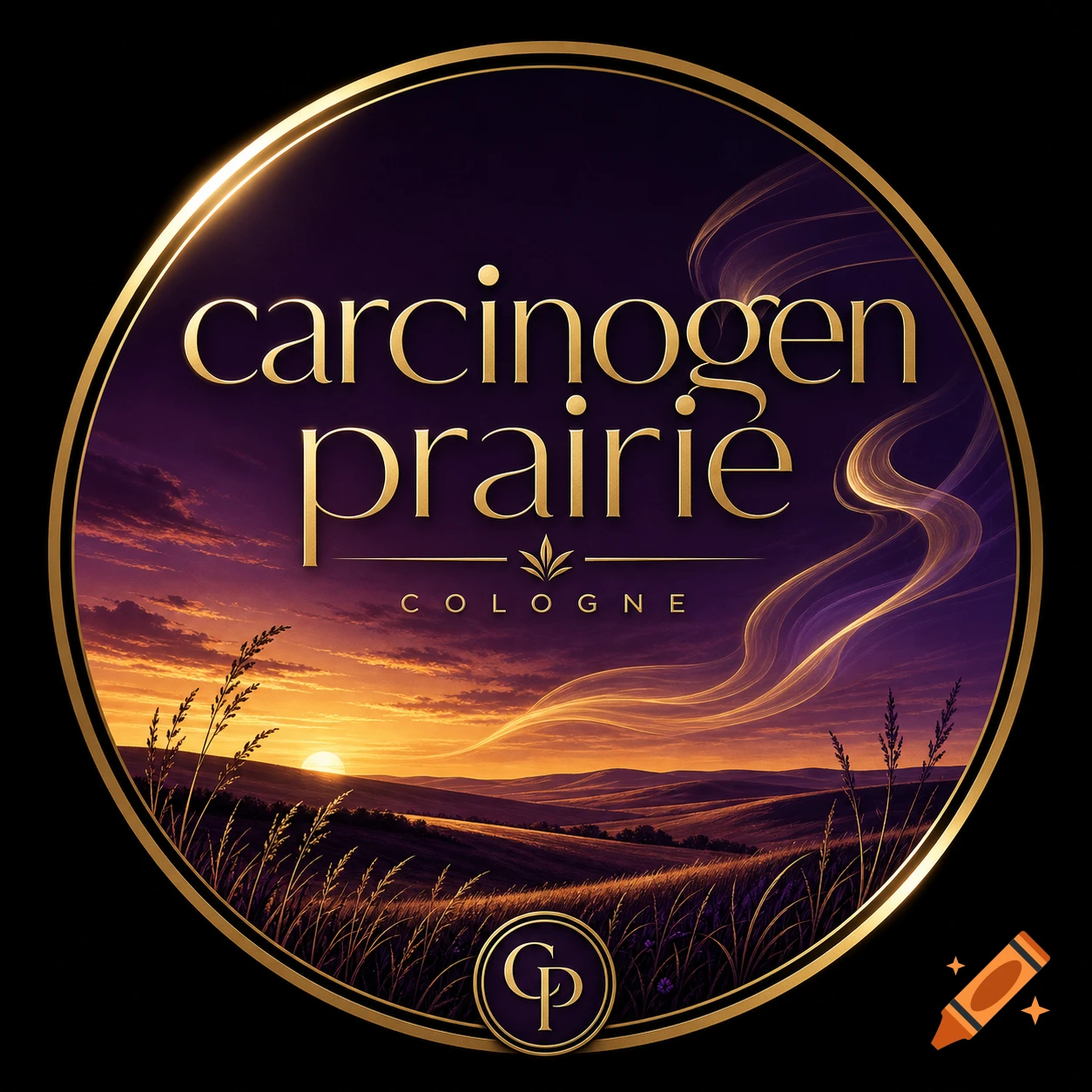 A golden-rimmed circular logo features a sunset over a rolling prairie with golden text "carcinogen prairie" and "COLOGNE".