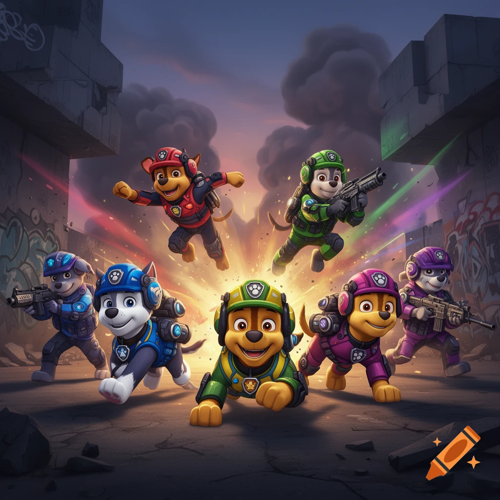 Six anthropomorphic dogs from Paw Patrol in tactical gear, armed with futuristic weapons, amidst explosions in a ruined city.