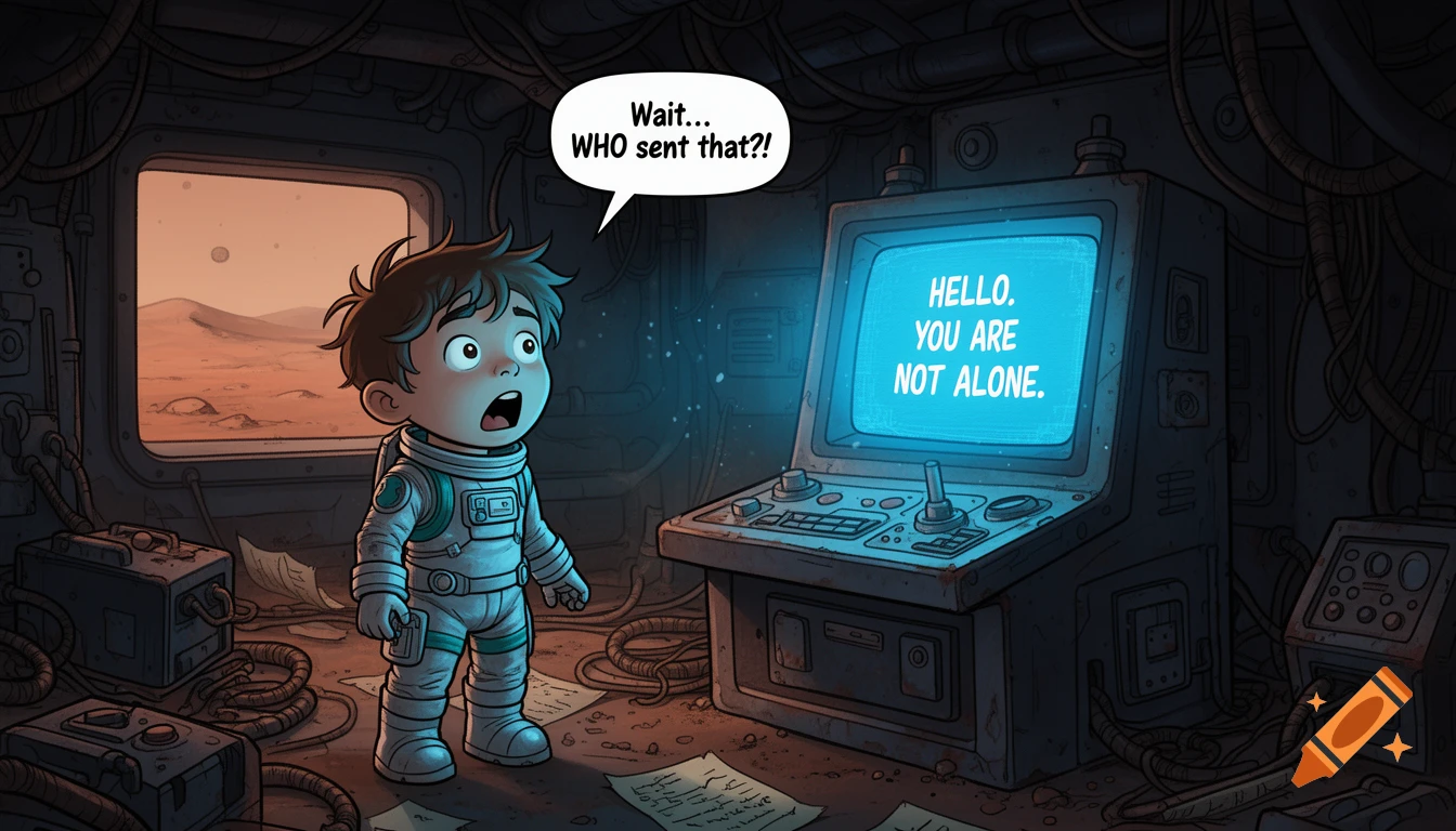 Shocked young astronaut in a dusty Mars research station reads 'HELLO. YOU ARE NOT ALONE.' on a glowing computer screen, comic art style.
