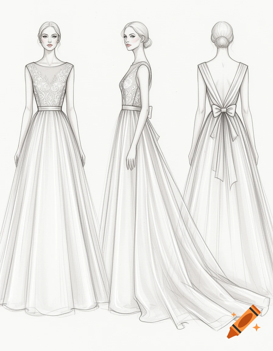 Fashion illustration of a wedding dress shown in front, side, and back views, featuring a lace bodice, flowing skirt, and a bow.