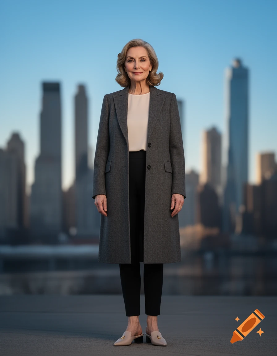 An elegant mature woman in a gray coat and black pants stands with mules in front of a blurred city skyline.