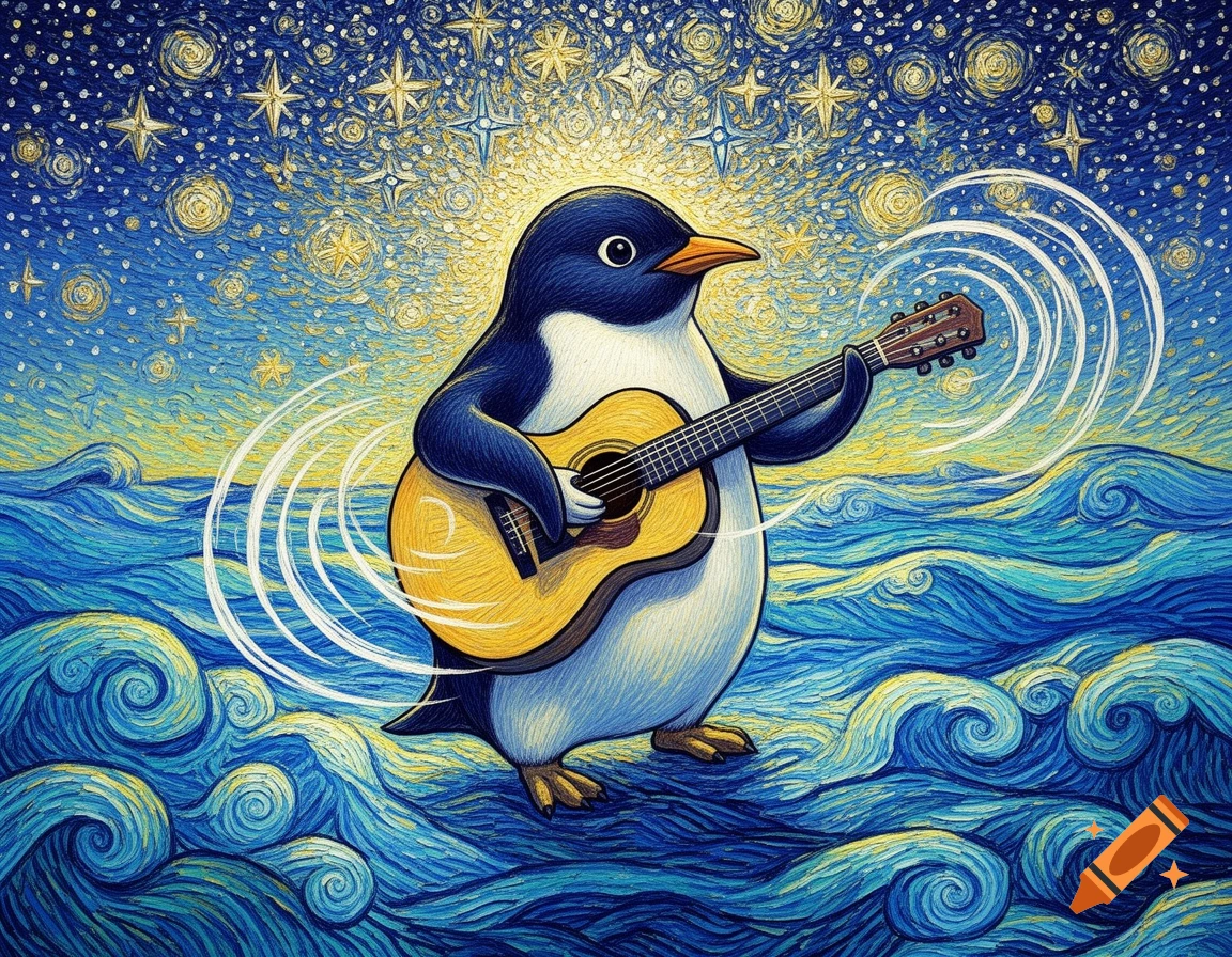 A Van Gogh-style painting of a penguin playing an acoustic guitar amidst a starry night sky and wavy sea.