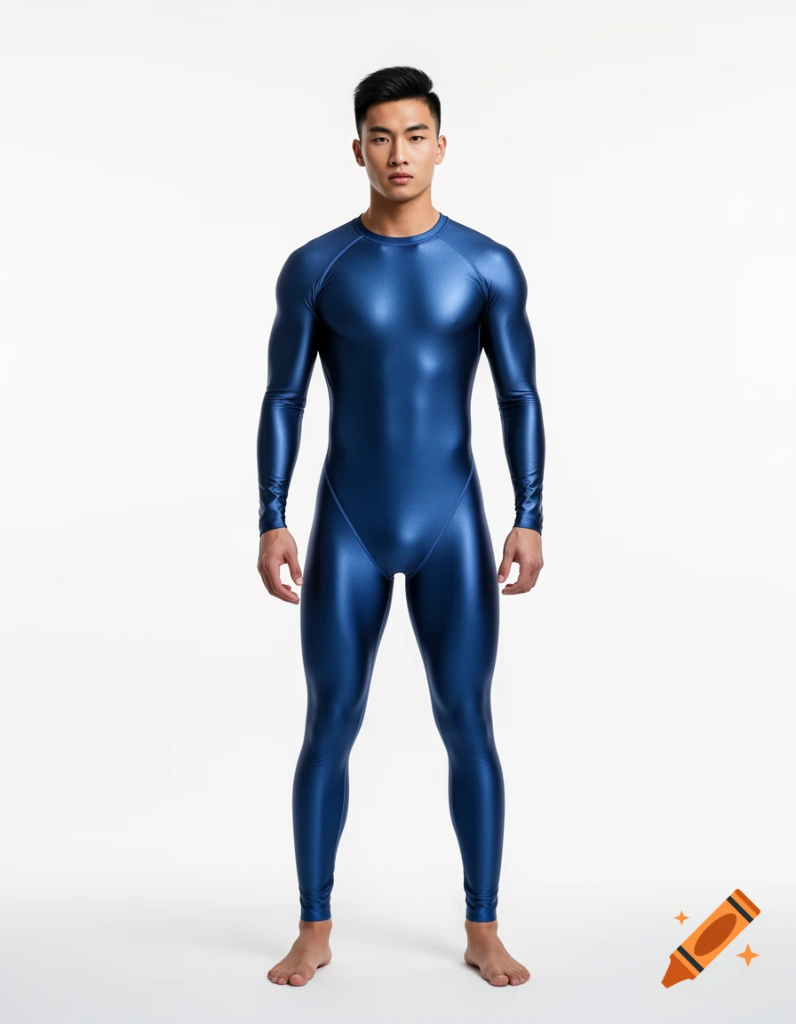 Asian male model in a shiny blue athletic bodysuit, full body portrait on a white background, photorealistic.