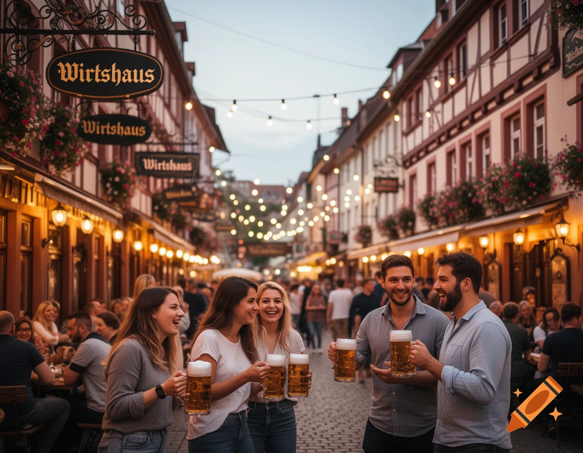 A group of friends laughing and drinking beer on a bustling cobblestone street lined with traditional buildings and string lights at dusk.