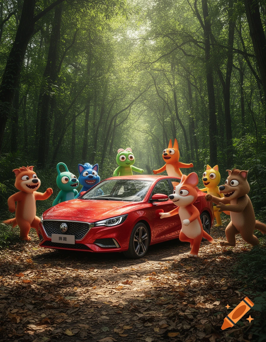 A group of diverse cartoon animals excitedly surround a red MG car on a forest path, with sunlit trees in the background.
