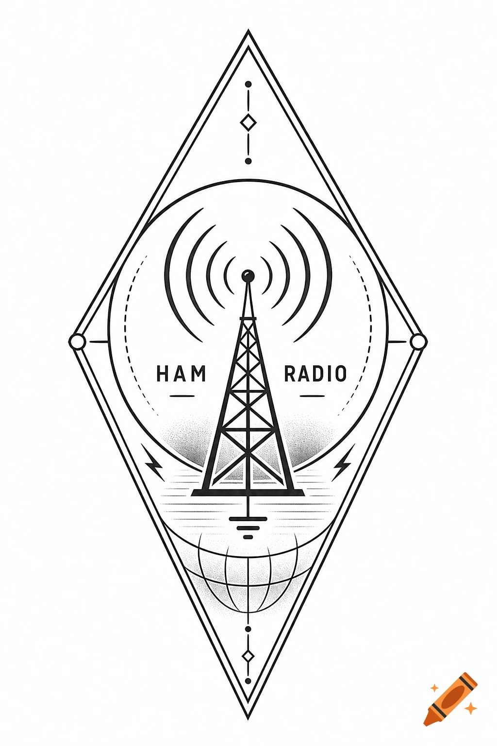 A black and white line art logo for ham radio, featuring a tower with radiating waves, text, and a globe in a diamond shape.