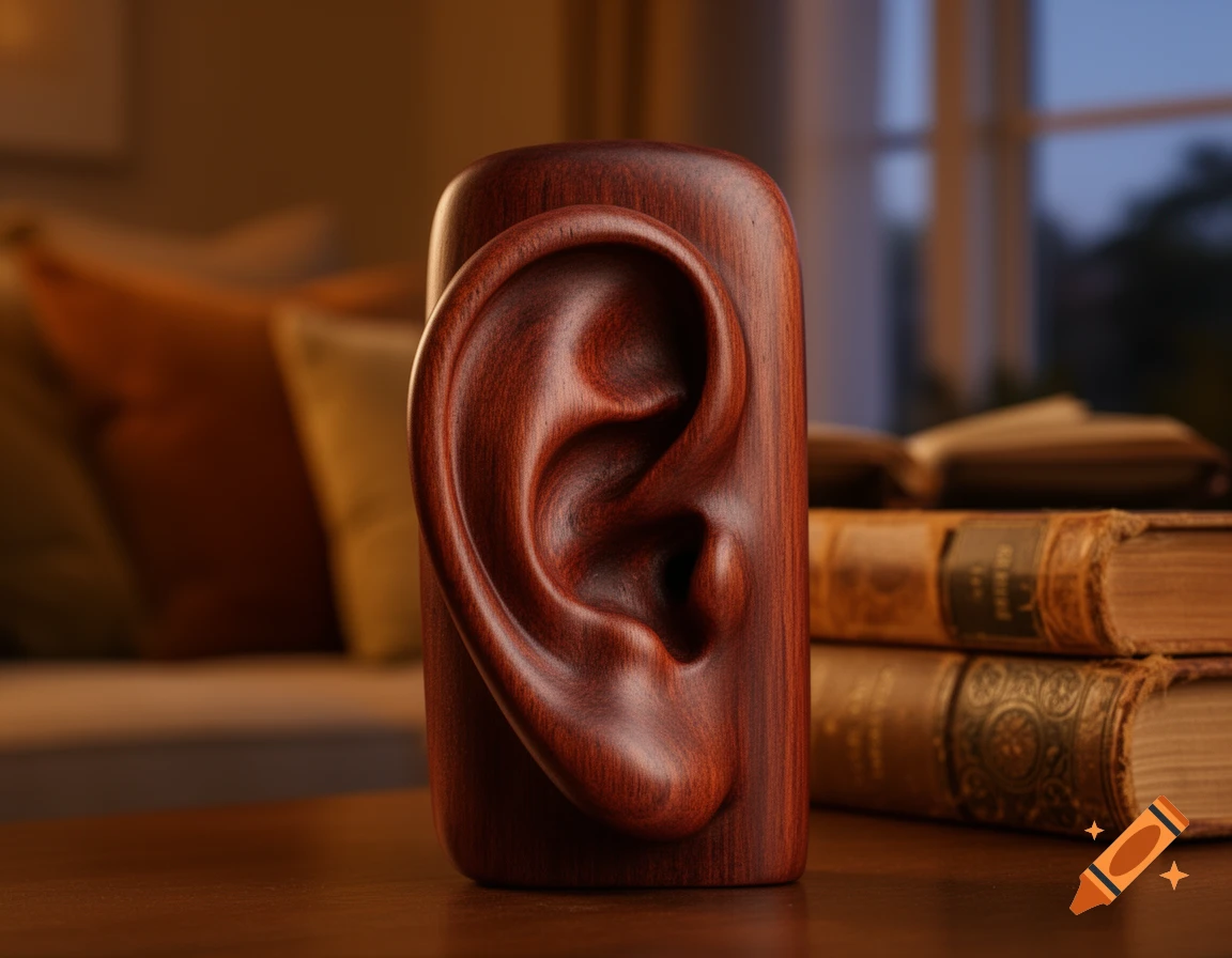 Photorealistic wooden sculpture of an ear on a table next to a stack of old books, with a window and pillows in the blurry background.
