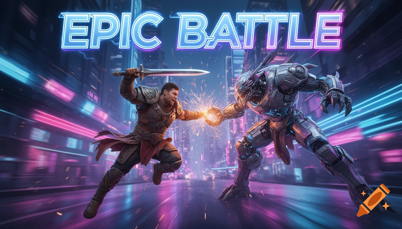 A dynamic game art image shows a warrior with a sword clashing with a robot in a neon-lit futuristic city, with "EPIC BATTLE" text above.