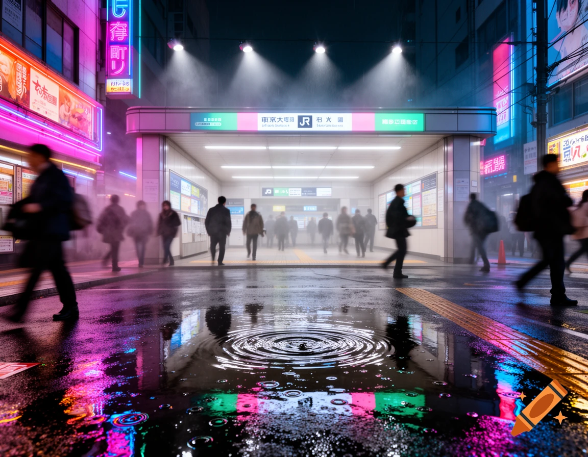 A neon-lit Tokyo street at night, with a subway entrance, blurry people, and reflections on the wet ground.