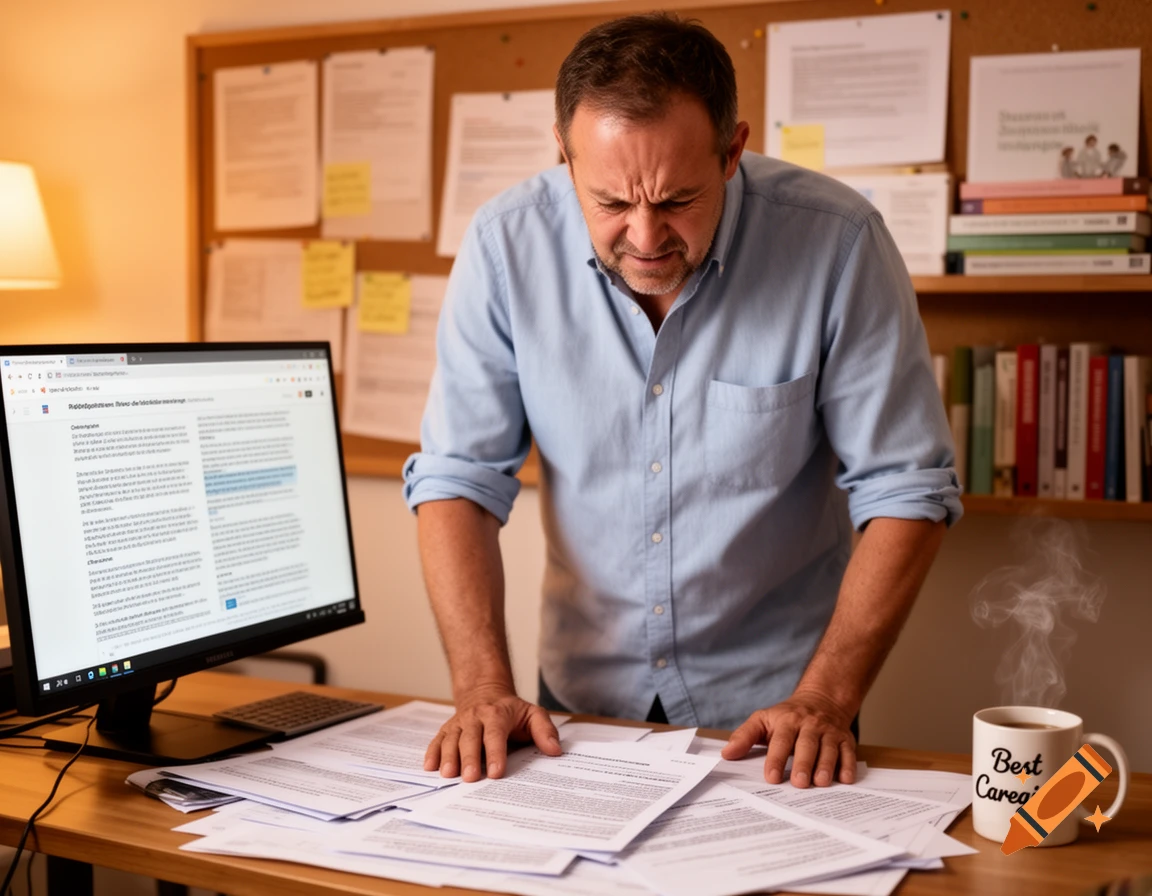 A stressed man in a light blue shirt leans over a desk full of papers, looking at a computer screen. A steaming mug with 'Best Caregiver' sits nearby.