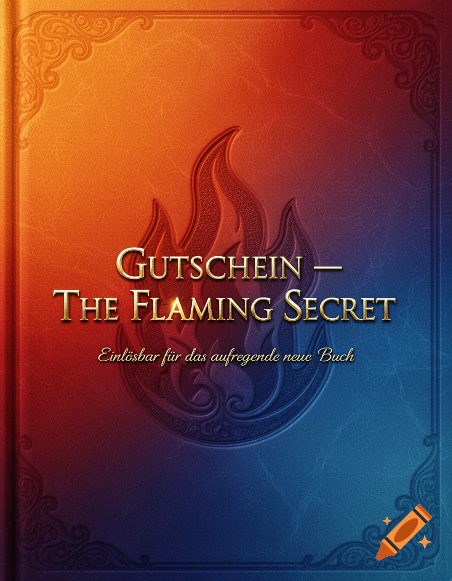 A decorative book cover or voucher with "GUTSCHEIN ", "THE FLAMING SECRET", and "Einlösbar für das aufregende neue Buch" in gold text over an orange and blue gradient, featuring embossed flame and scrollwork designs.