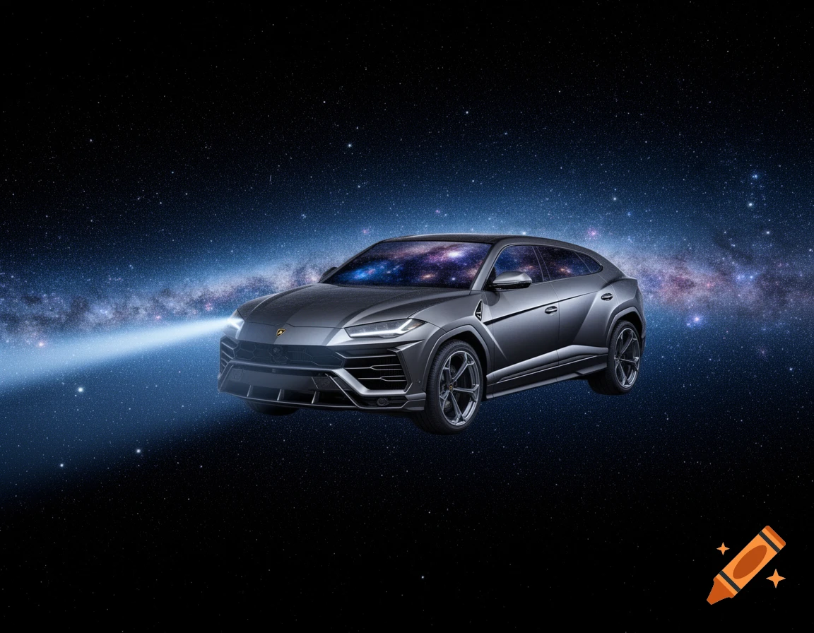 A dark gray Lamborghini Urus SUV floats in outer space with a galaxy and stars in the background, its headlights shining forward.