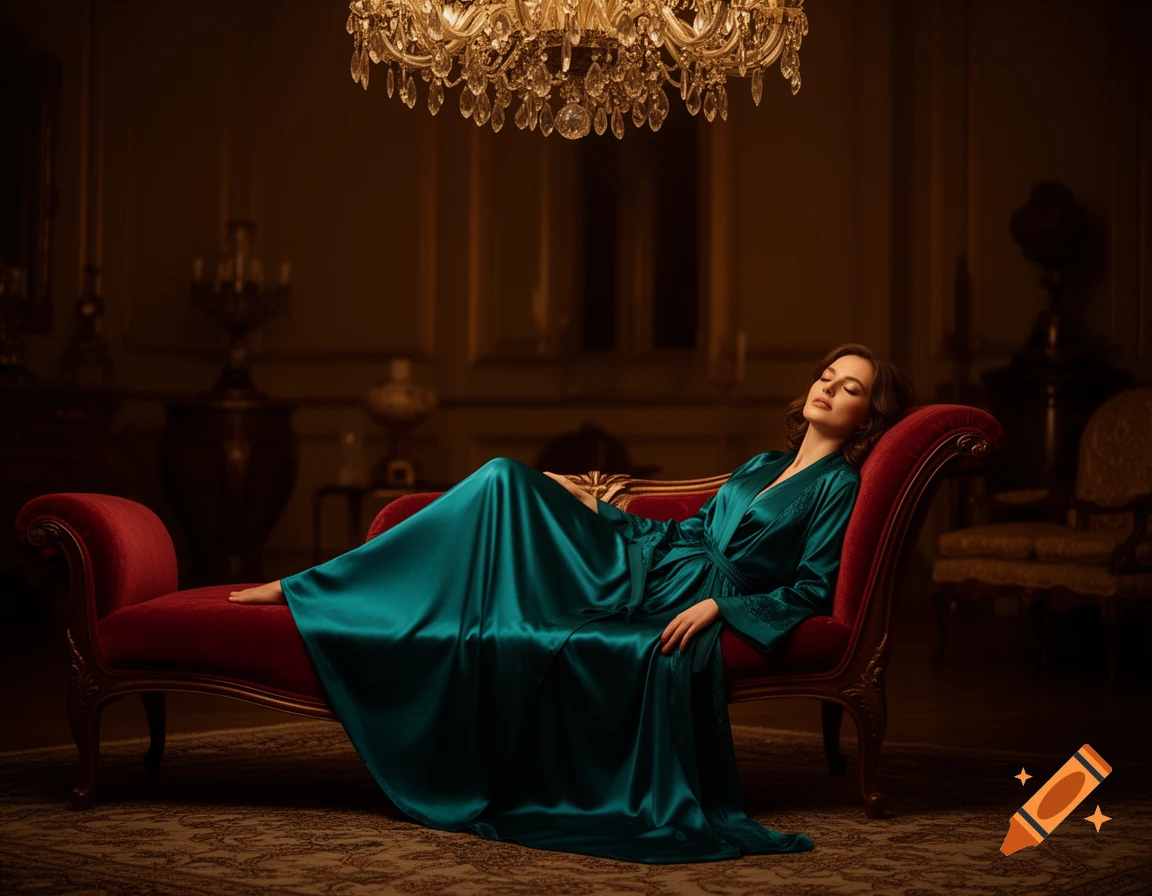 Woman in an emerald green satin robe reclining on a red chaise lounge in a luxurious, dimly lit room under a chandelier.