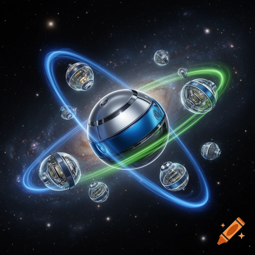 A large metallic sphere with blue and green glowing bands surrounded by smaller orbiting spheres showing internal mechanisms, set against a galaxy backdrop.