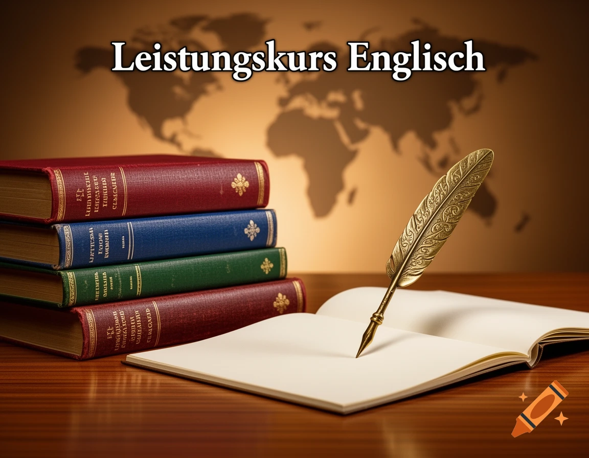 A still life showing a stack of old books, an open blank notebook, and a golden feather quill pen, with a faint world map in the background. The text "Leistungskurs Englisch" is displayed at the top.