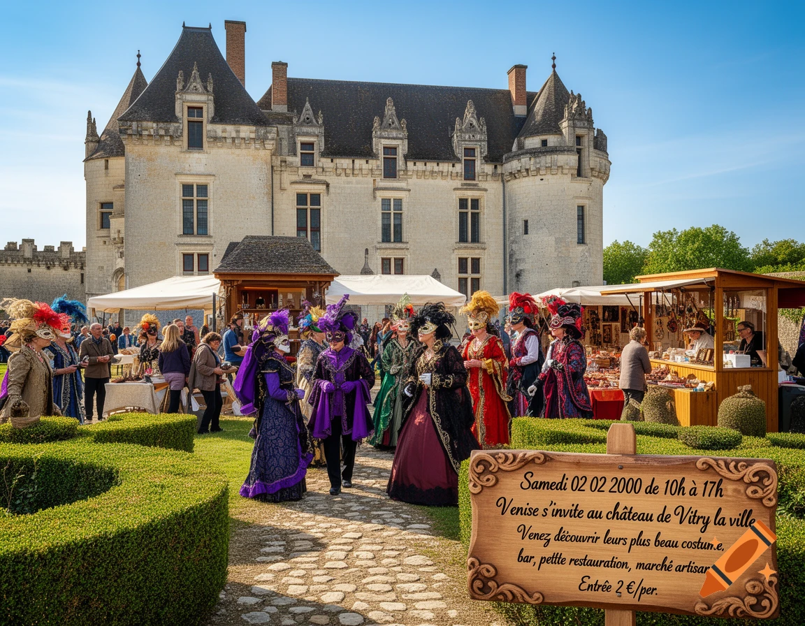 People in colorful Venetian-style masquerade costumes gather at an outdoor market in front of a grand French château on a sunny day. A wooden sign lists event details.