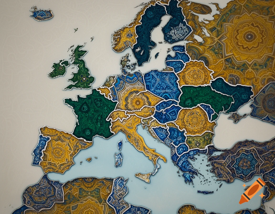 Stylized map of Europe with countries filled with intricate gold, blue, and green mandala patterns, outlined in silver.