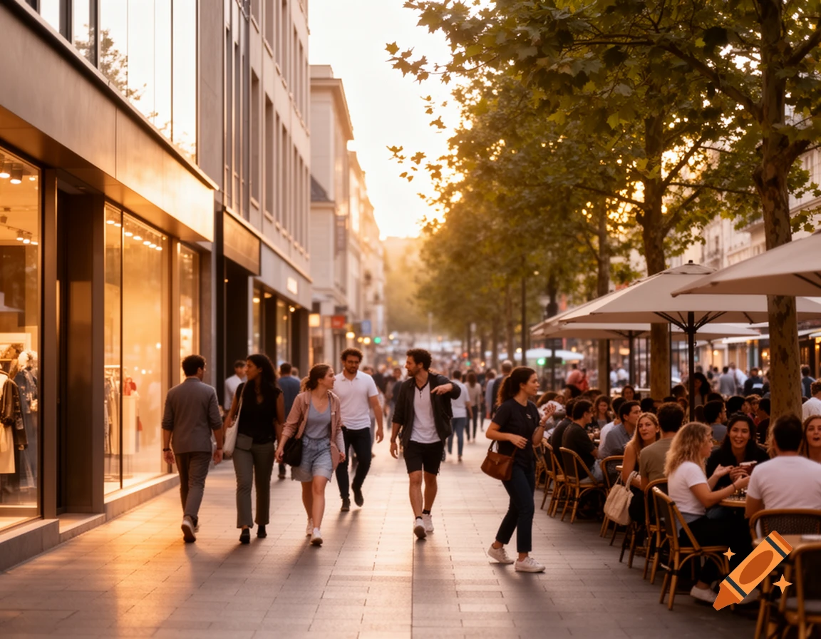A bustling city street at sunset with people walking past shops and dining at an outdoor cafe.