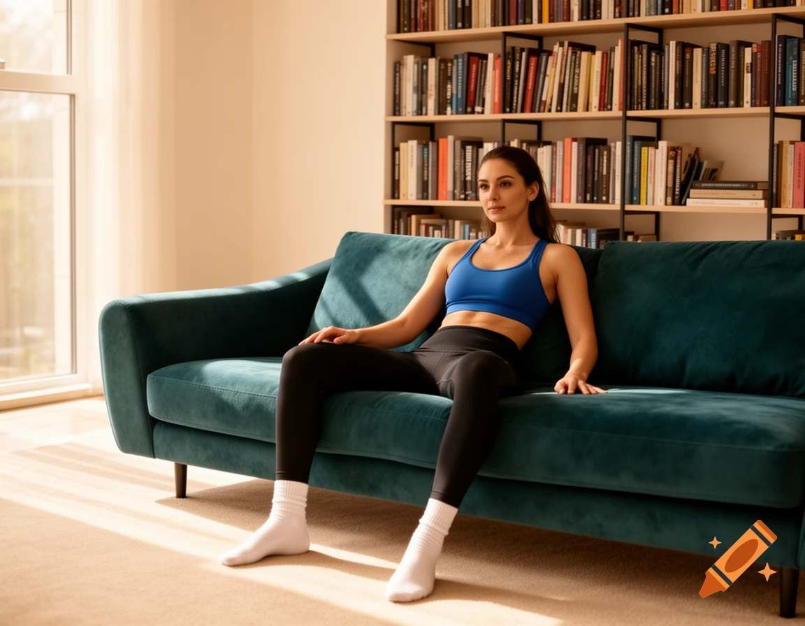 A woman in a blue sports bra and black leggings sits on a teal couch in a sunlit living room with a bookshelf.