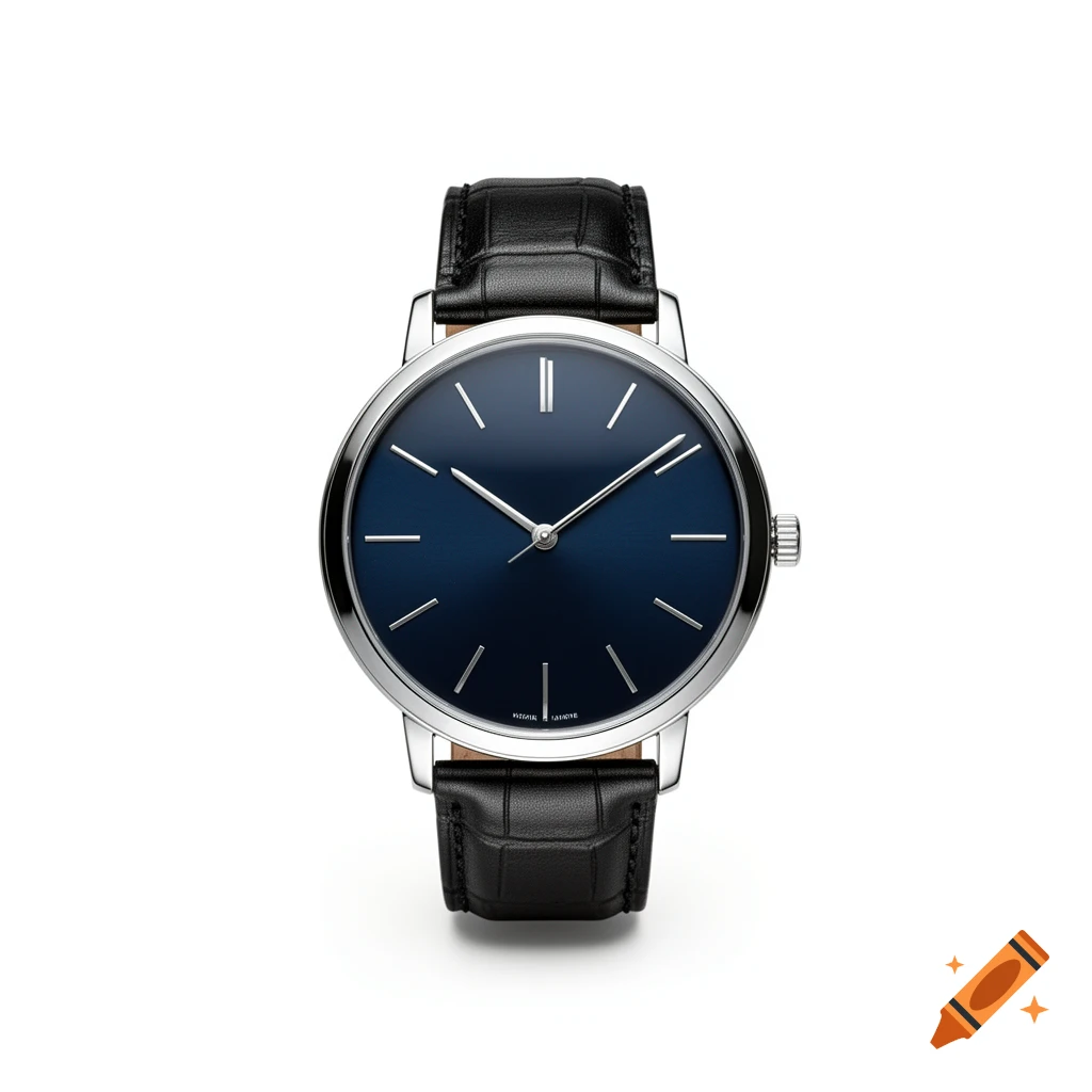 Silver wristwatch with a dark blue face and a black crocodile-embossed leather strap, on a white background.