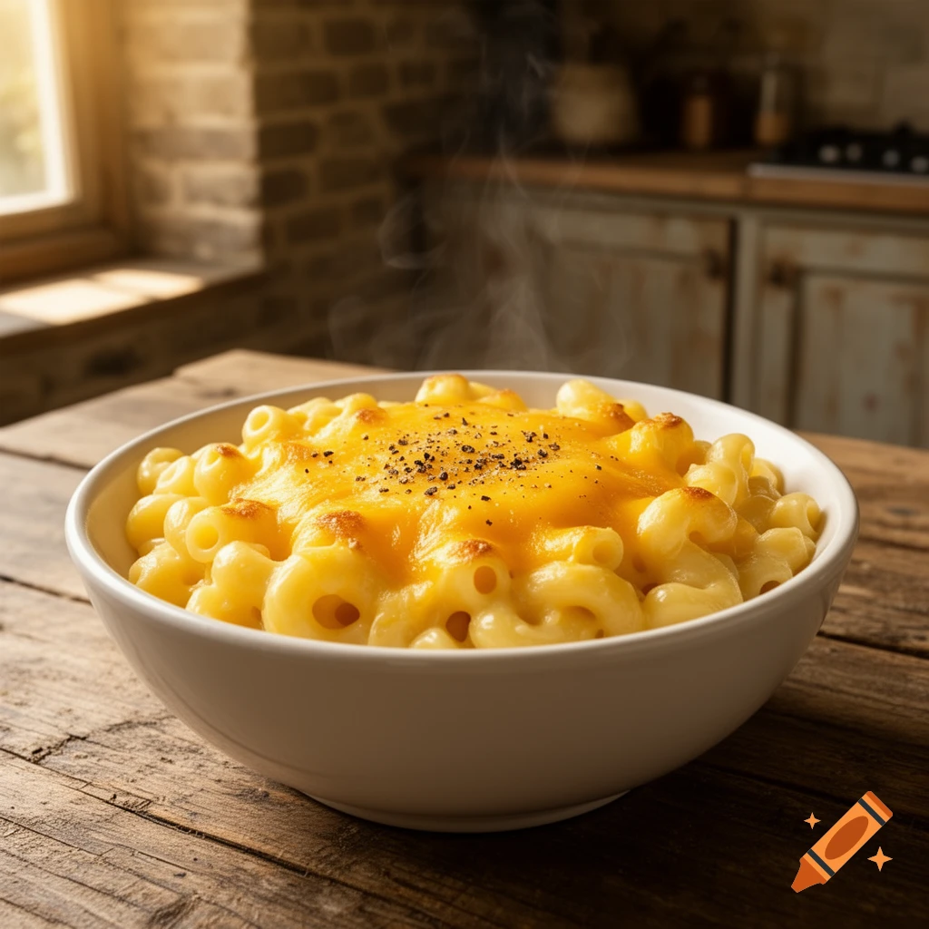 A steaming bowl of creamy macaroni and cheese with pepper on a rustic wooden table in a kitchen.