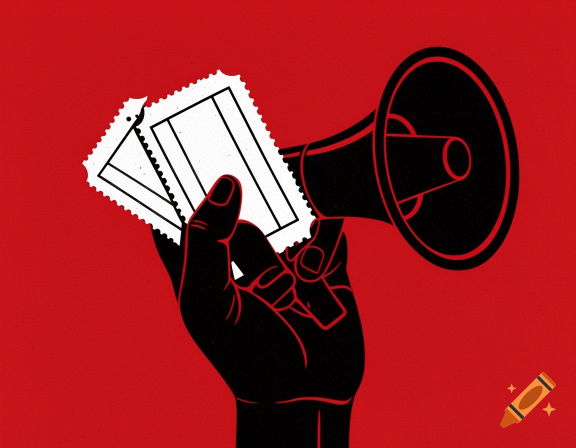 A minimalist graphic illustration of a black hand holding two white tickets, next to a black megaphone, all on a red background.