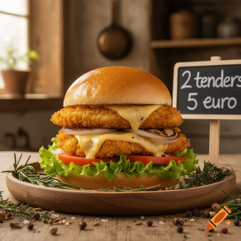 Photorealistic double chicken tender hamburger with melted cheese, onion, lettuce, and tomato on a wooden plate, with a blackboard sign in the background.