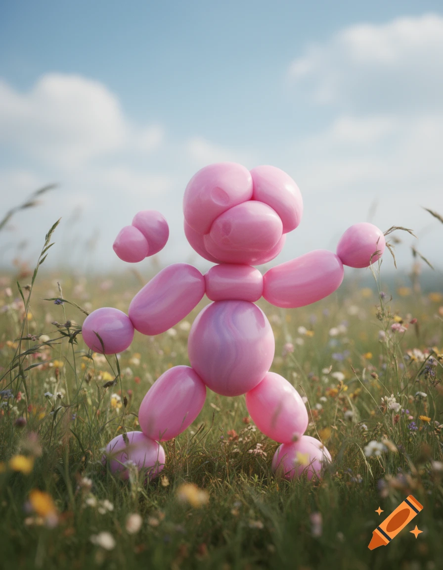 A shiny pink creature made of inflated forms stands in a lush green meadow under a bright blue sky.