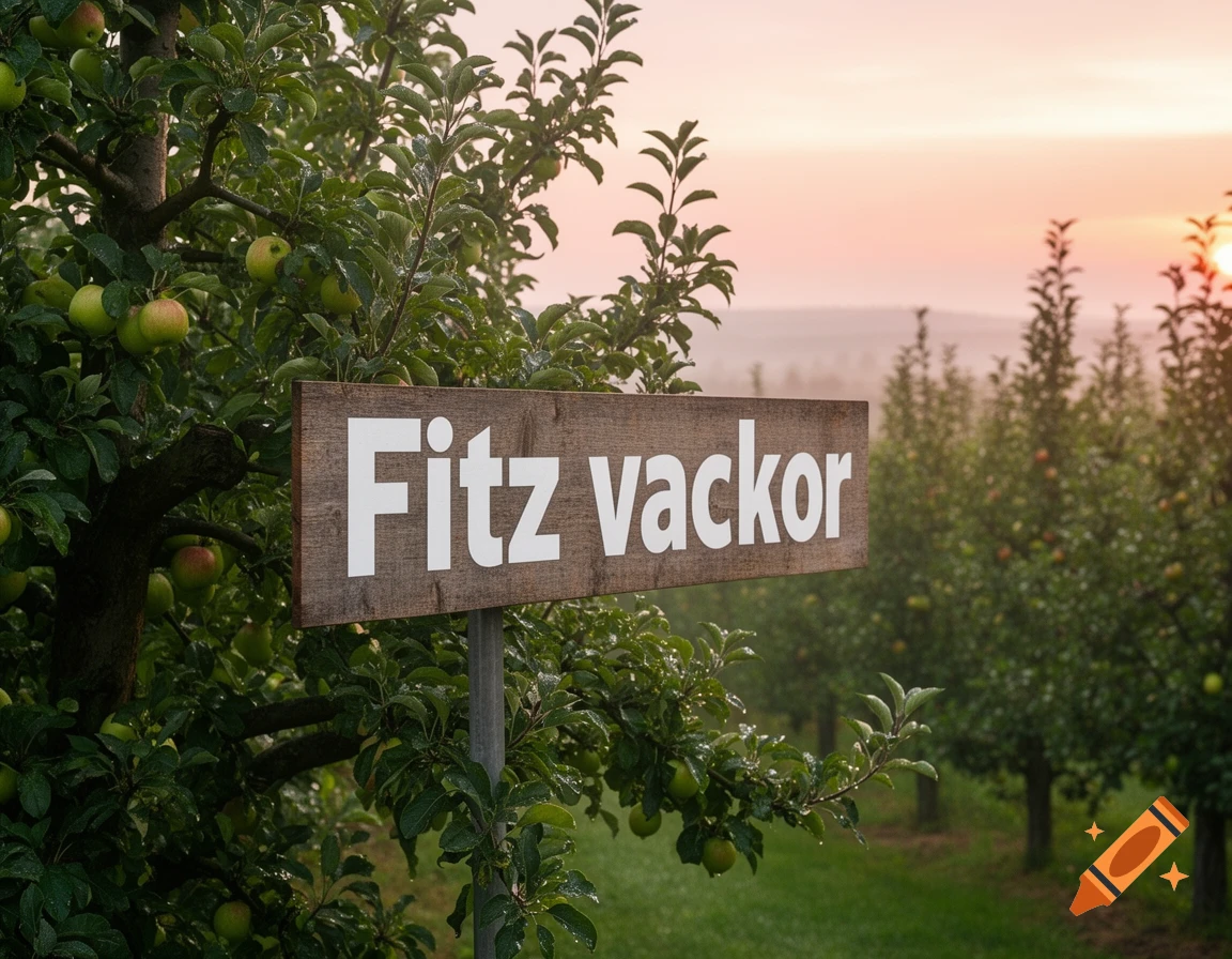 A photorealistic image of an apple orchard at sunset, with a wooden sign reading "Fitz vackor" mounted on a pole among the trees.