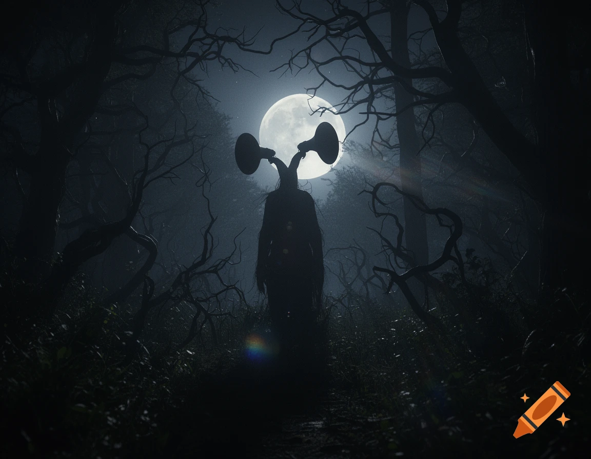 Siren Head silhouette stands in a dark, moonlit forest, shrouded in mist with lens flares.