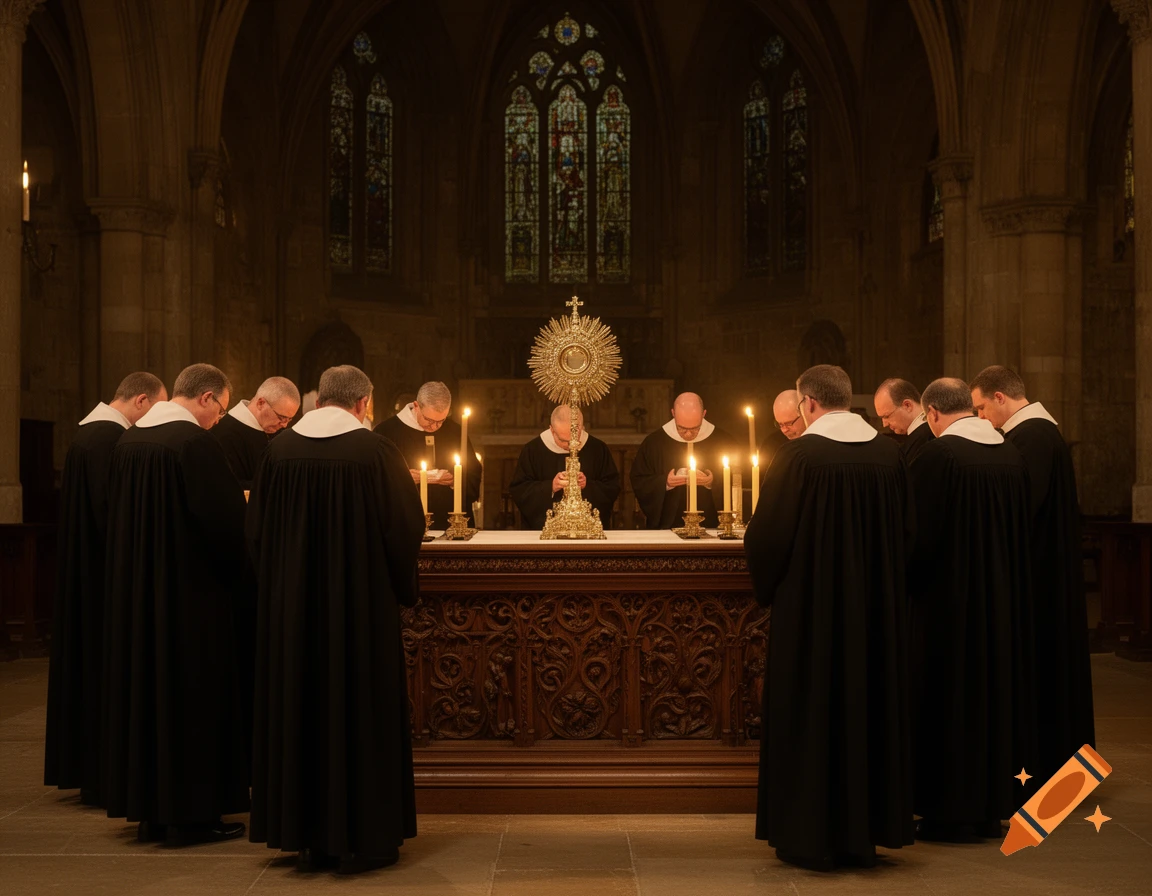 Monks in dark robes pray around an altar with a monstrance and lit candles in a dimly lit church.