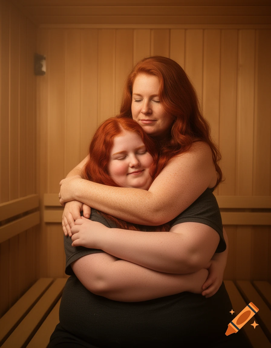 Photorealistic image of a redhead woman tenderly embracing a redhead girl in a wooden sauna.