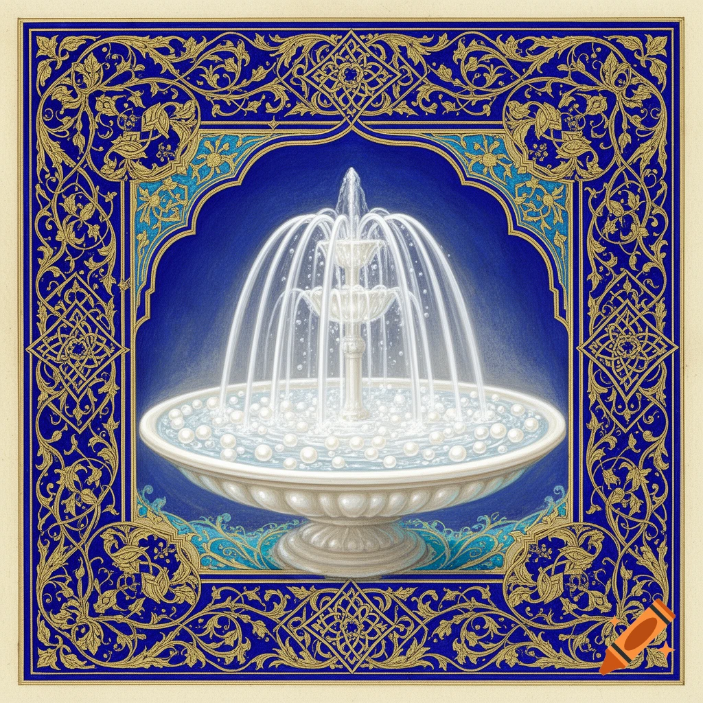 Exquisite Islamic illumination artwork with a white fountain in a deep blue, gold, and turquoise ornamental frame.