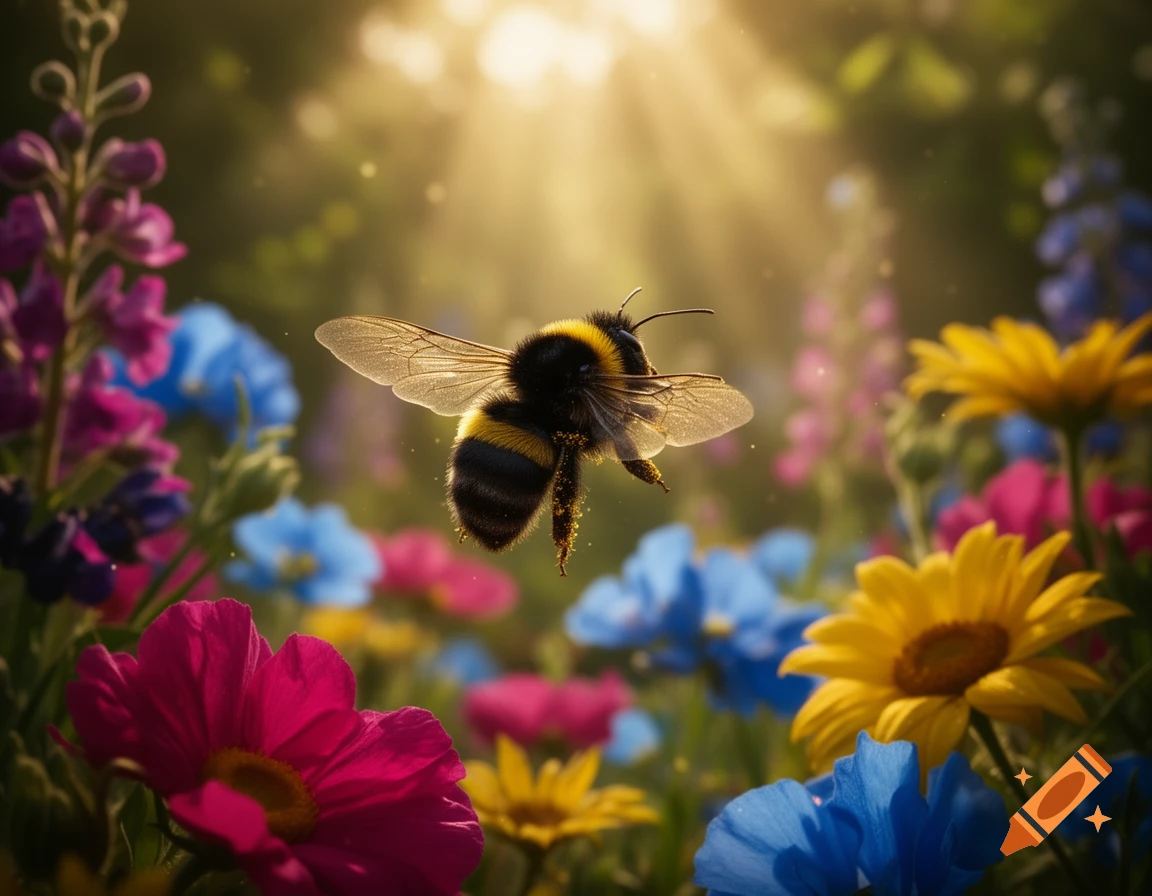 A close-up, photorealistic shot of a bumblebee flying amidst a vibrant field of pink, blue, and yellow flowers under sunbeams.
